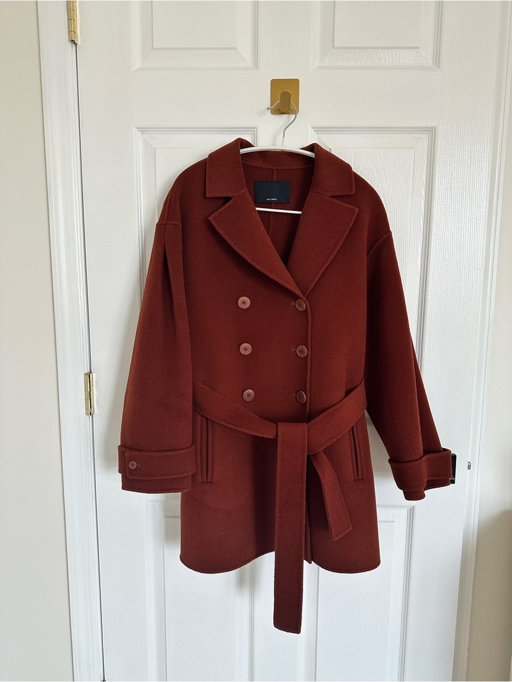 Womens Wool Double-Breasted Belted Coat - deep crimson